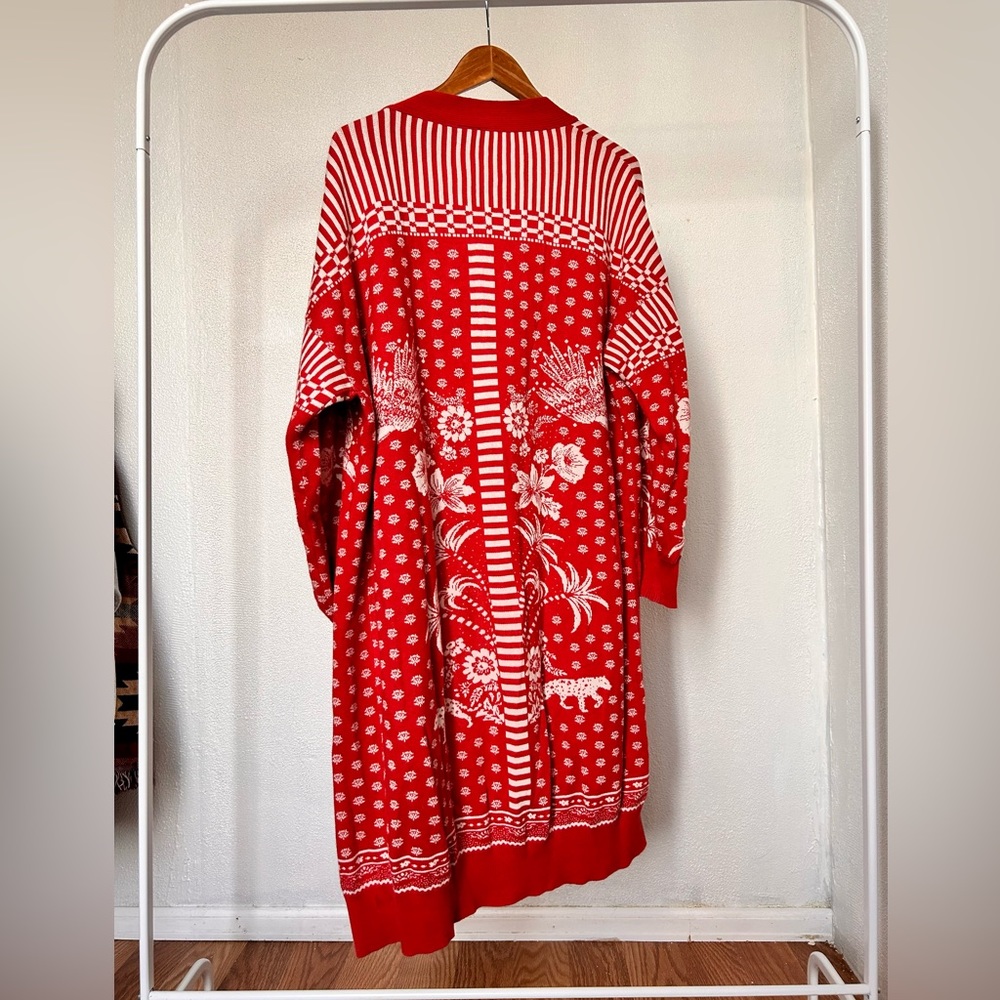 Anthropologie x Farm Rio Tropical Long Cardigan Sweater Red Women's Size M